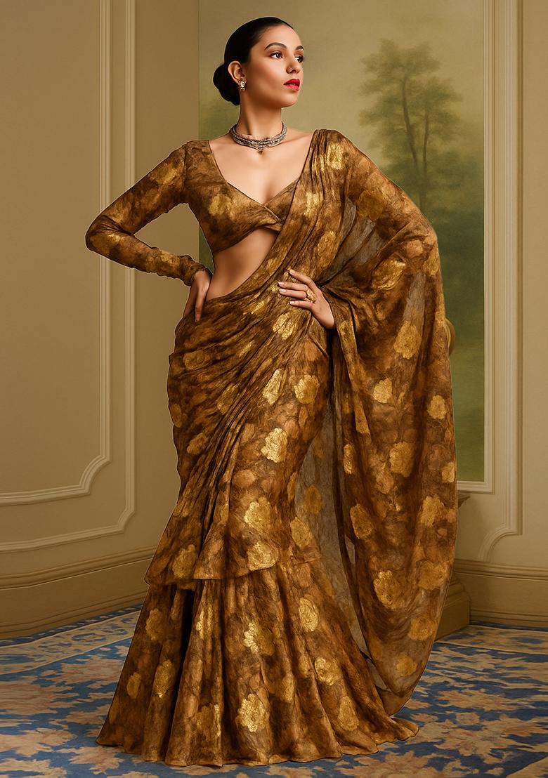 Brown Jacquard Brocade Pre Draped Saree Set