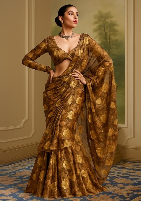 Brown Jacquard Brocade Pre Draped Saree Set