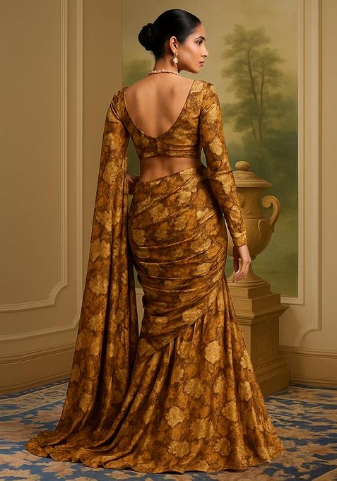 Brown Jacquard Brocade Pre Draped Saree Set