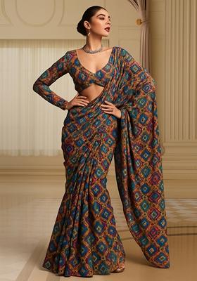 Multicolor Printed Georgette Pre Draped Saree Set