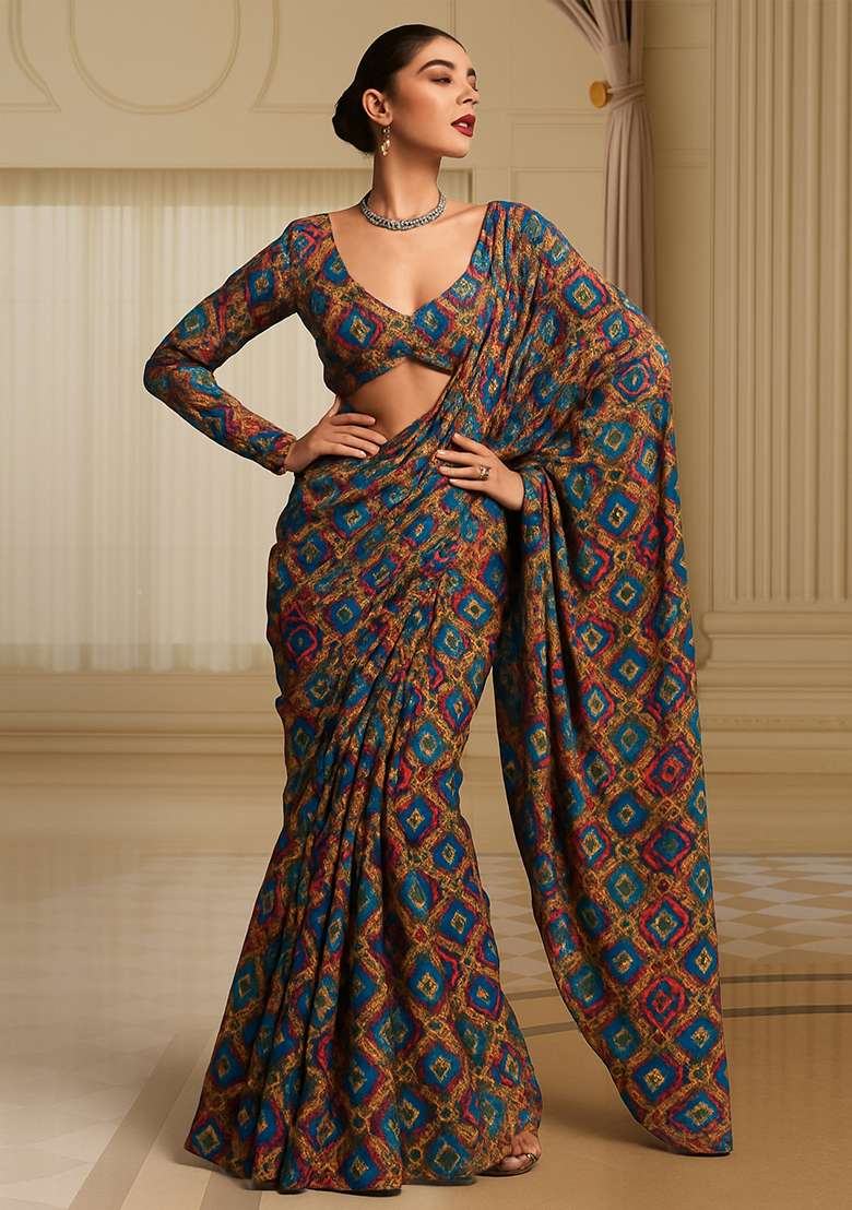 Multicolor Printed Georgette Pre Draped Saree Set - Indya