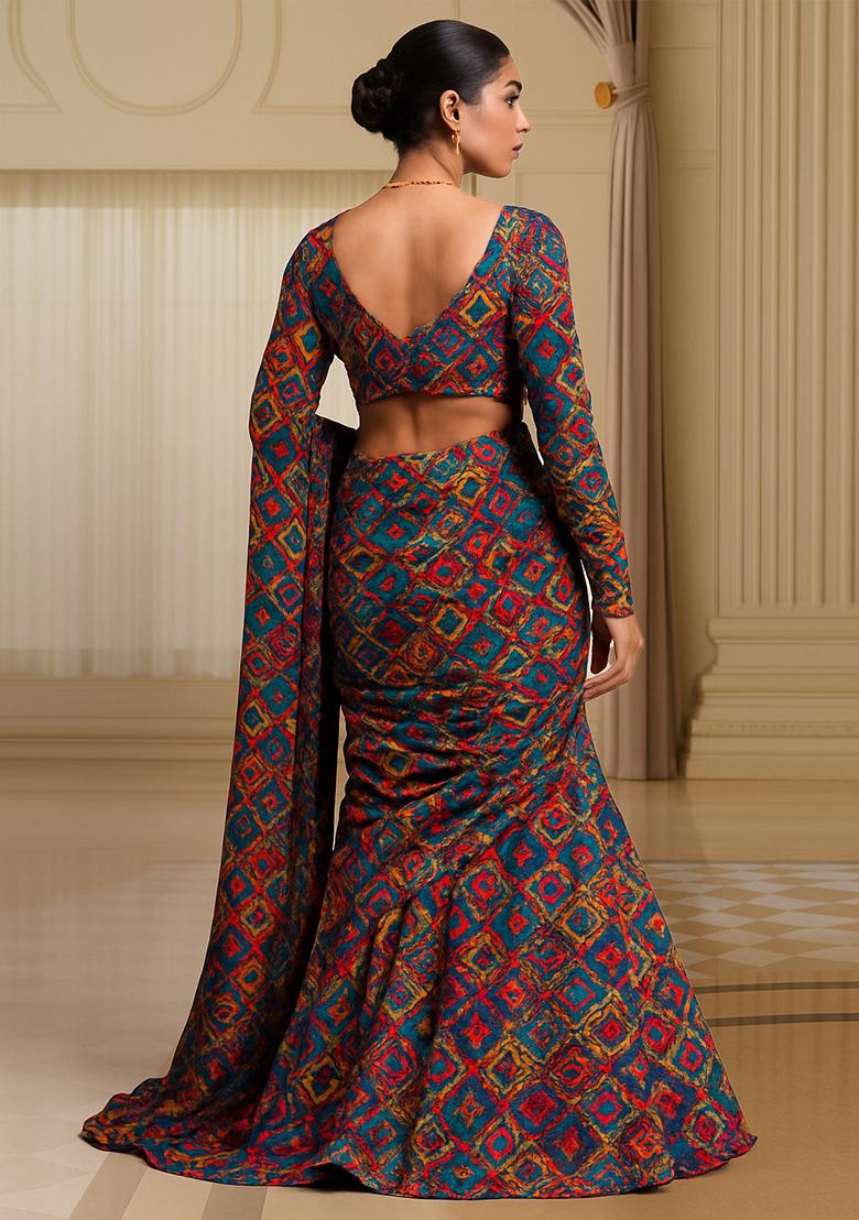 Multicolor Printed Georgette Pre Draped Saree Set - Indya