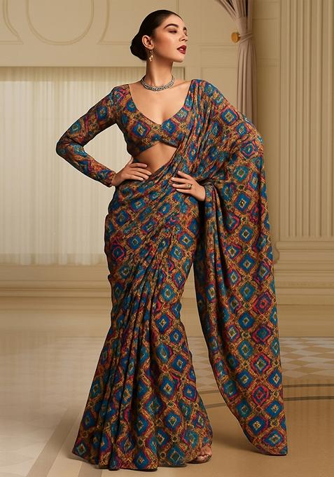 Multicolor Printed Georgette Pre Draped Saree Set