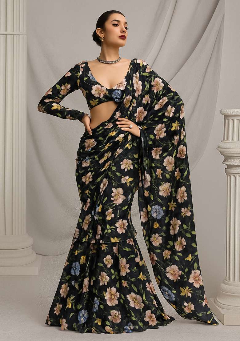 Black Printed Georgette Pre Draped Saree Set - Indya