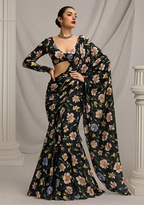 Black Printed Georgette Pre Draped Saree Set