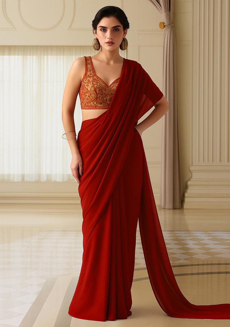 Maroon Embroidered Blouse Georgette Pre Draped Saree Set