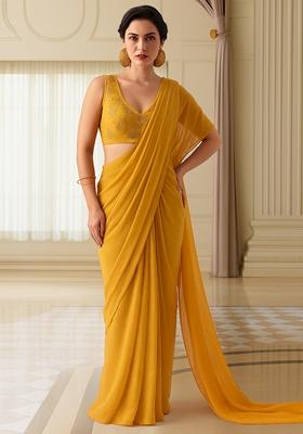 Mustard Embroidered Blouse Georgette Pre Draped Saree Set