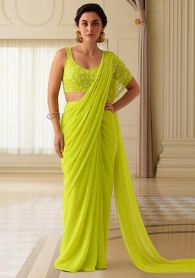 Parrot Green Embroidered Blouse Georgette Pre Draped Saree Set