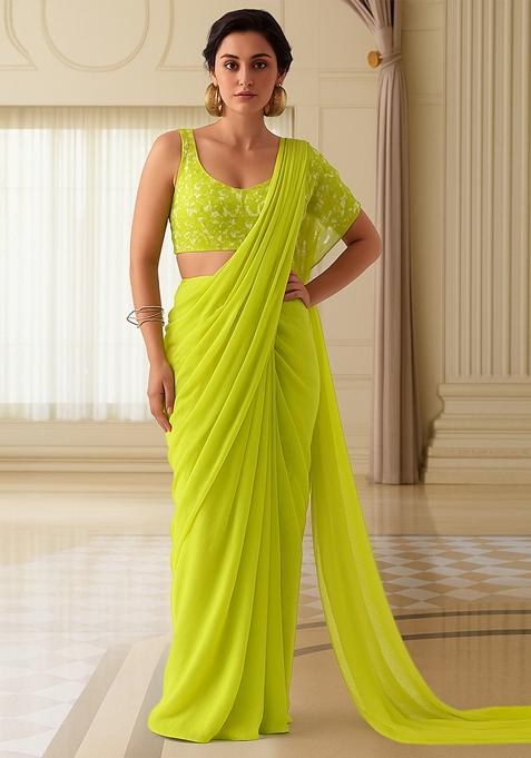 Parrot Green Embroidered Blouse Georgette Pre Draped Saree Set