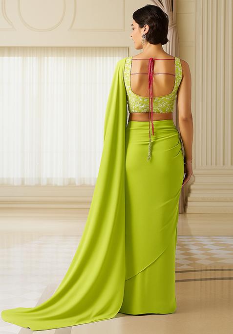 Parrot Green Embroidered Blouse Georgette Pre Draped Saree Set