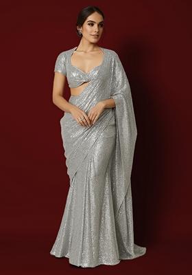 Silver Embellished Net Pre Draped Saree Set