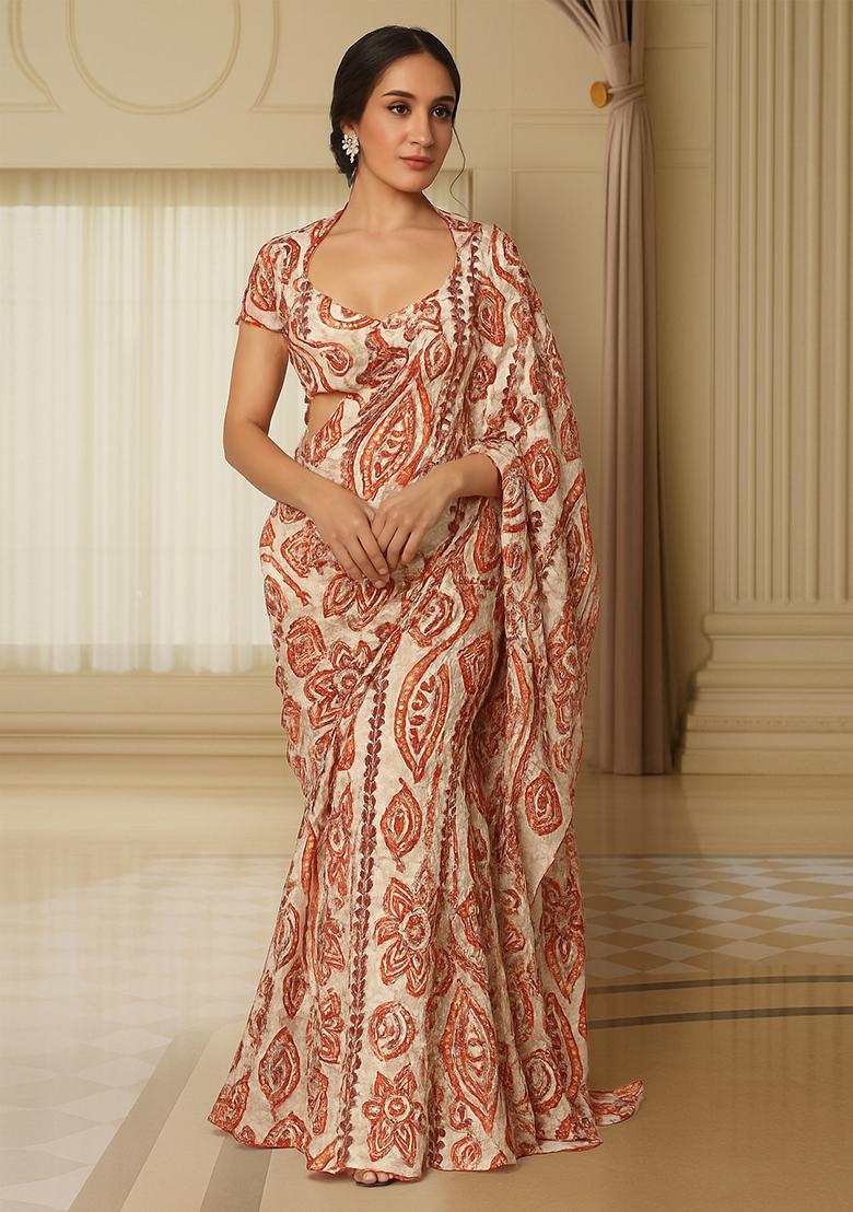 Beige Embroidered Cotton Pre Draped Saree Set