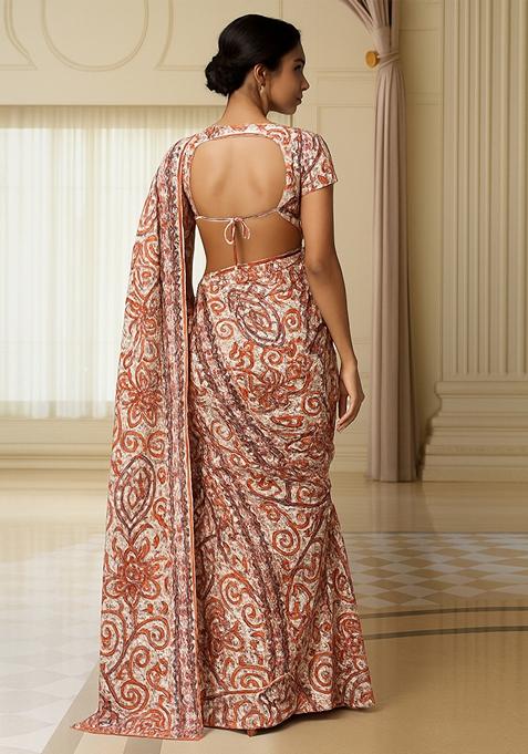 Beige Embroidered Cotton Pre Draped Saree Set