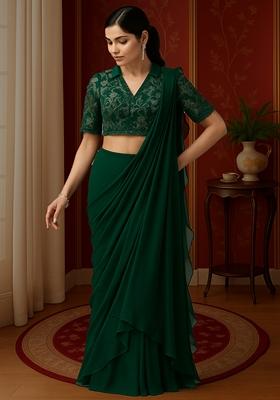 Olive Green Embroidered Blouse Georgette Pre Draped Saree Set