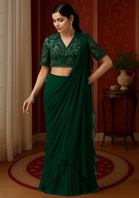Olive Green Embroidered Blouse Georgette Pre Draped Saree Set