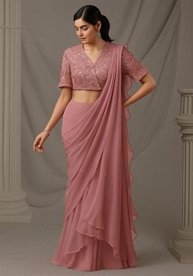 Peach Sequin Embellished Blouse Net Pre Draped Saree Set