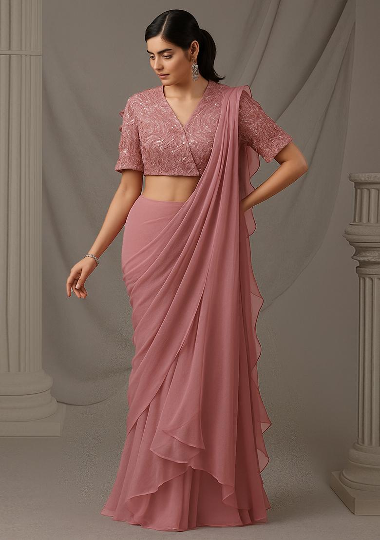 Peach Sequin Embellished Blouse Net Pre Draped Saree Set
