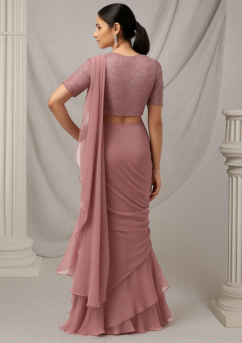 Peach Sequin Embellished Blouse Net Pre Draped Saree Set