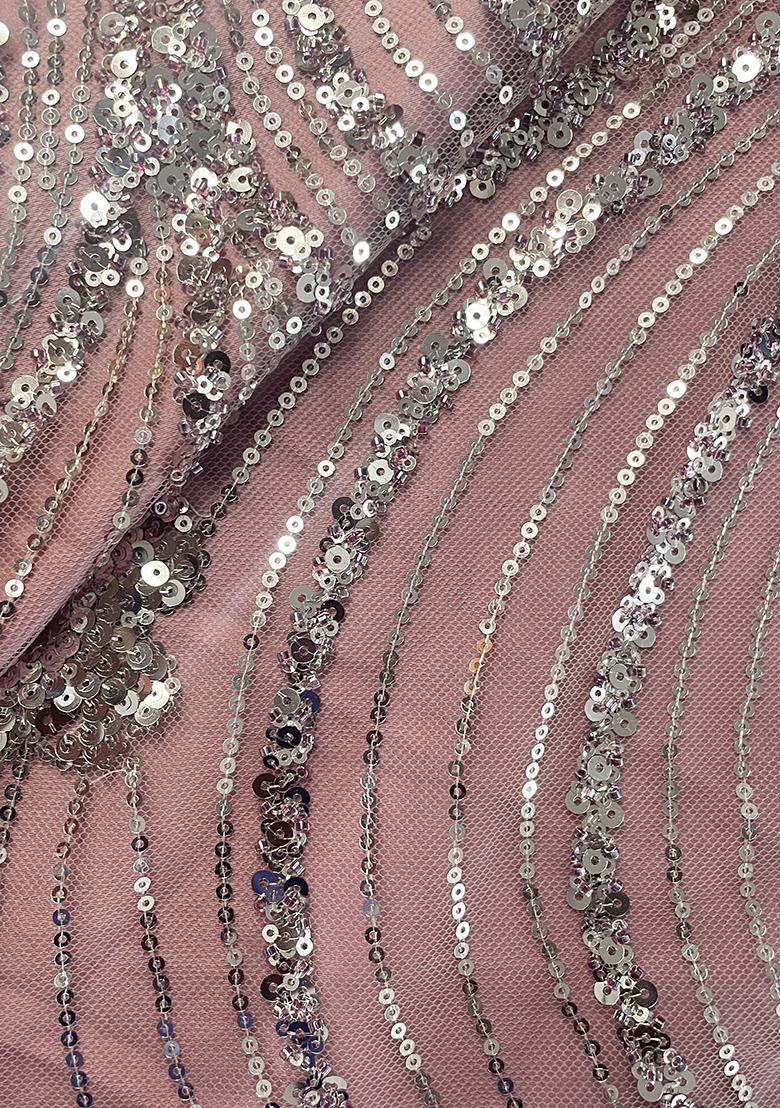 Peach Sequin Embellished Blouse Net Pre Draped Saree Set