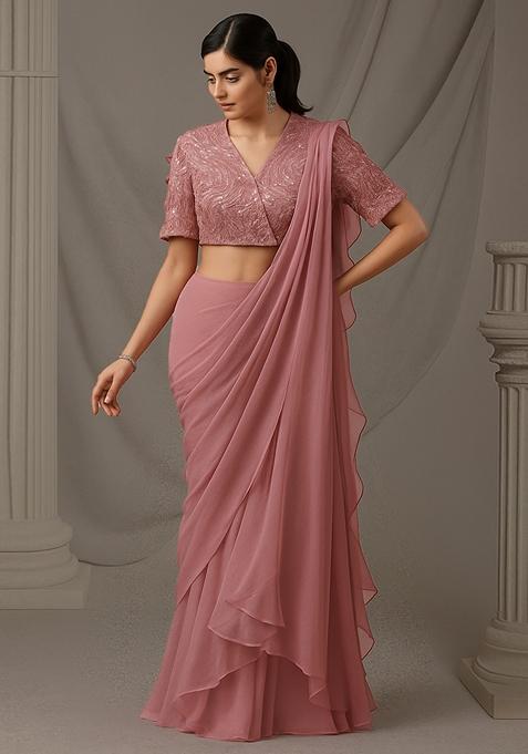 Peach Sequin Embellished Blouse Net Pre Draped Saree Set