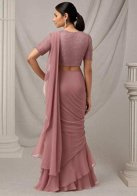 Peach Sequin Embellished Blouse Net Pre Draped Saree Set