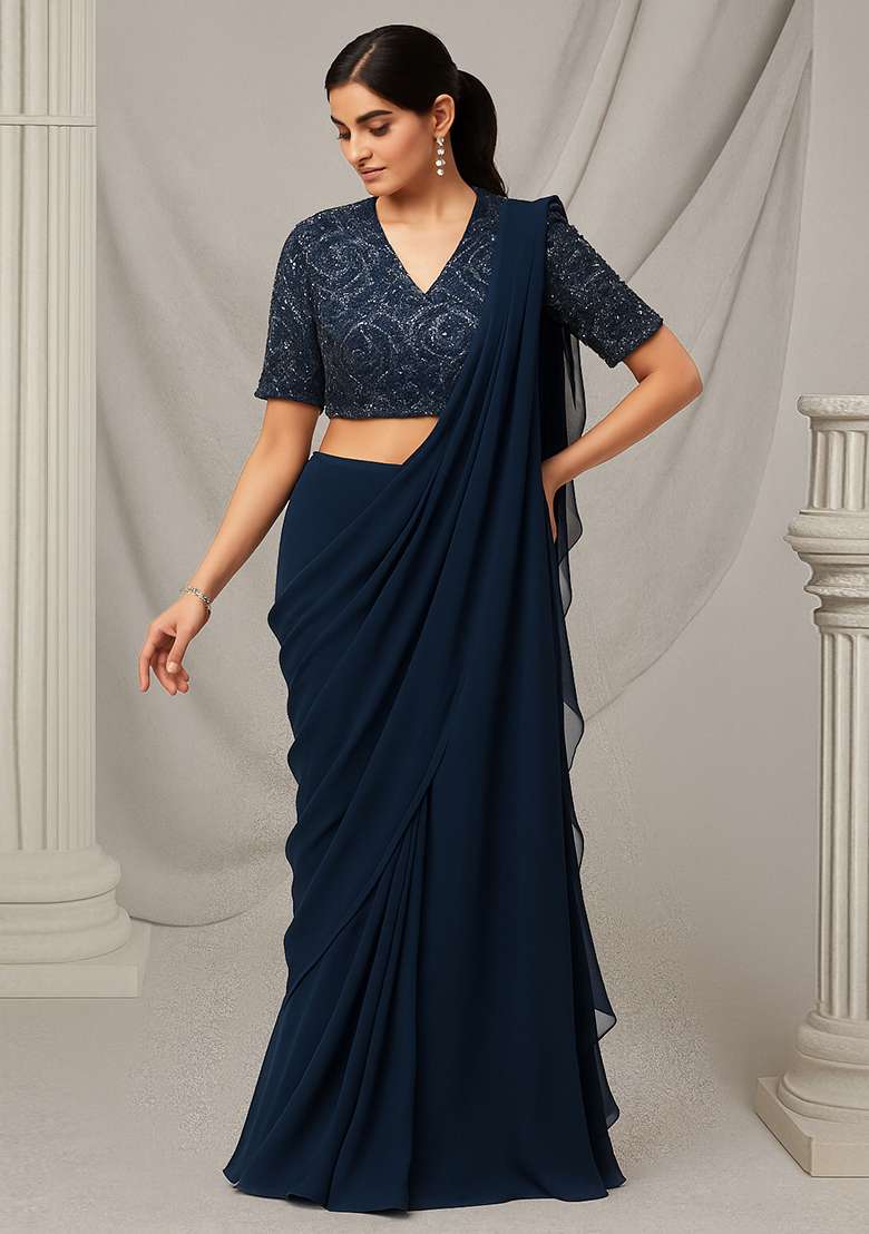 Dusty Blue Sequin Embellished Blouse Net Pre Draped Saree Set - Indya