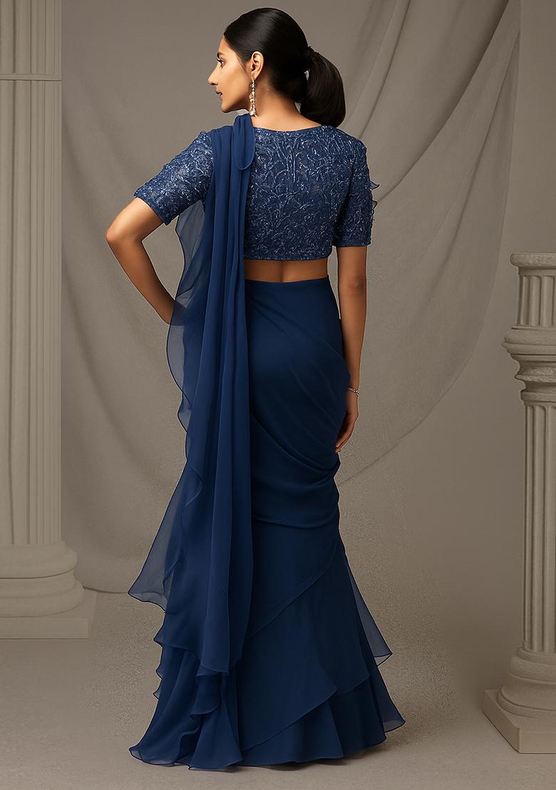 Dusty Blue Sequin Embellished Blouse Net Pre Draped Saree Set - Indya