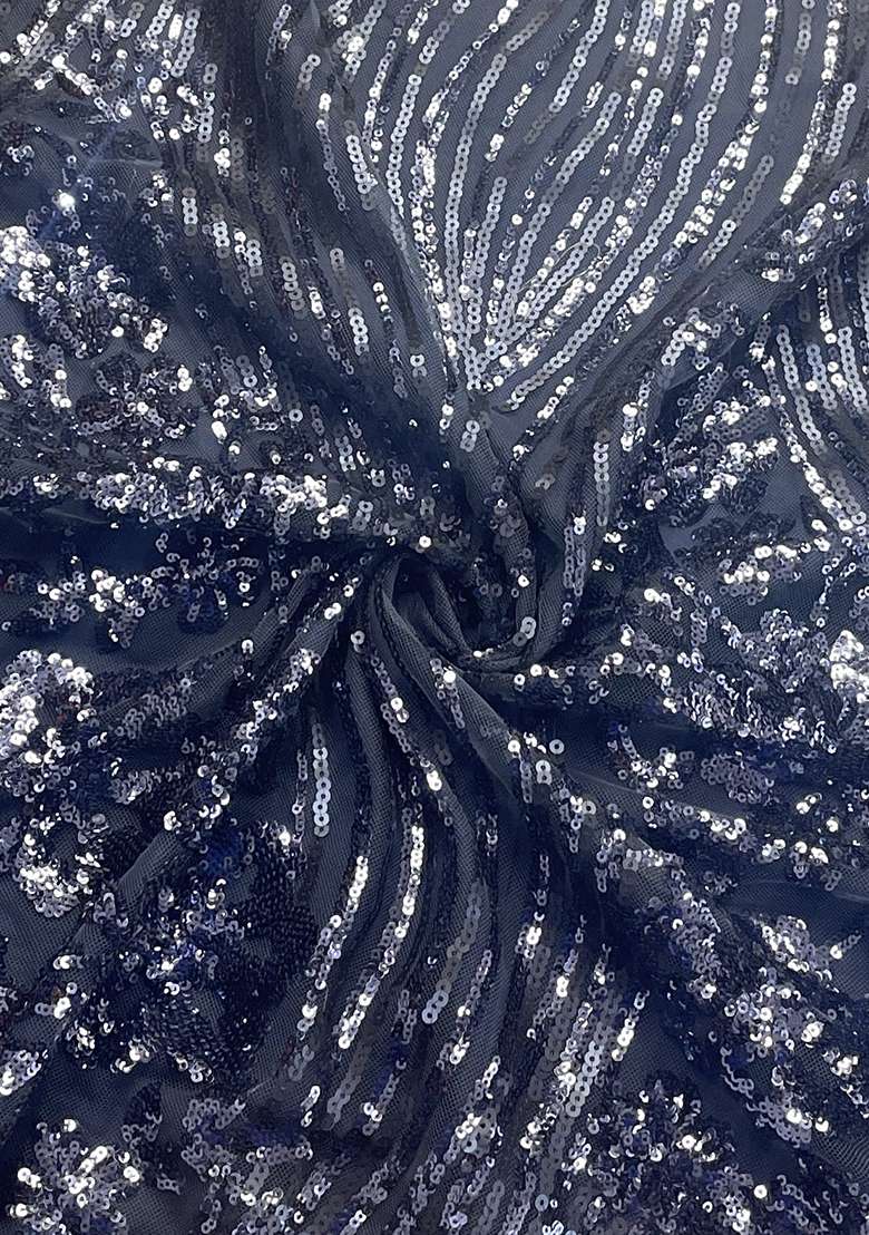 Dusty Blue Sequin Embellished Blouse Net Pre Draped Saree Set - Indya