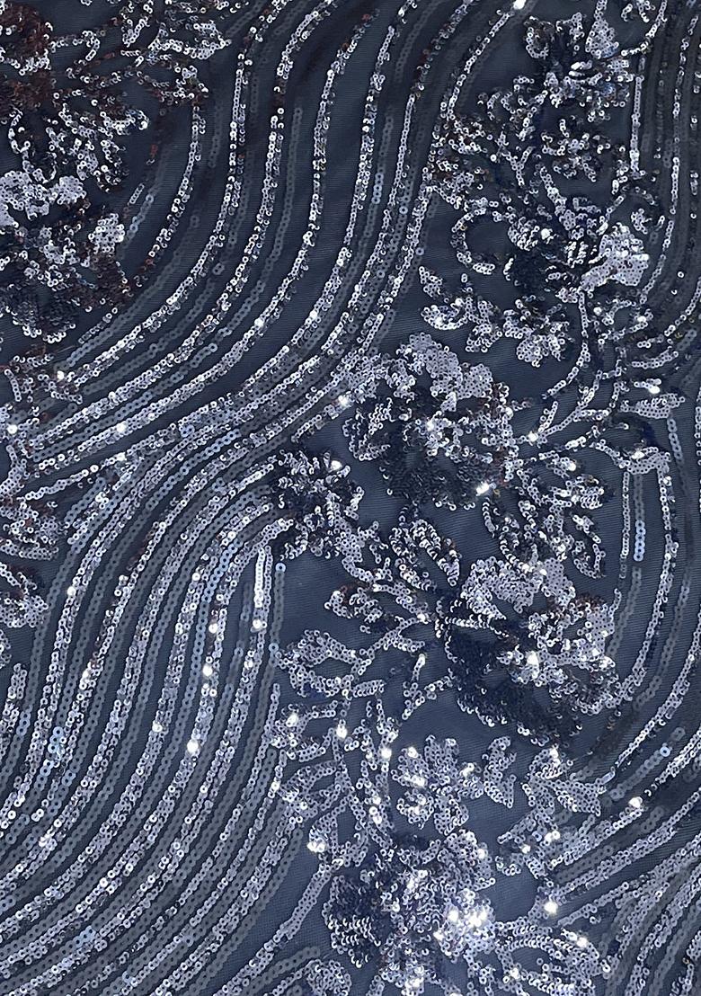 Dusty Blue Sequin Embellished Blouse Net Pre Draped Saree Set - Indya