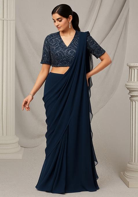 Dusty Blue Sequin Embellished Blouse Net Pre Draped Saree Set