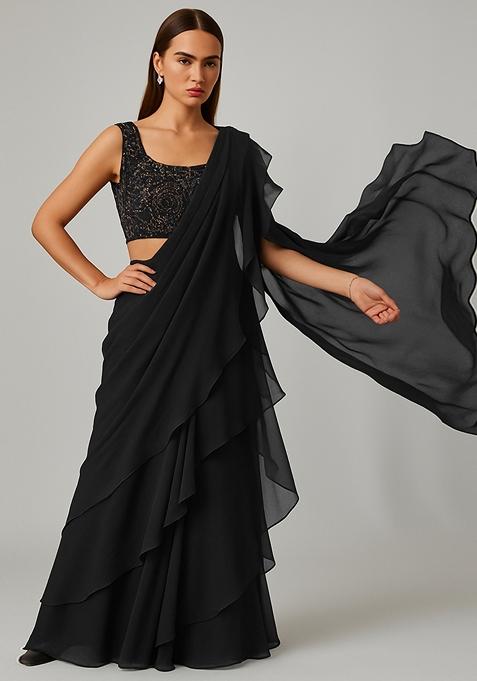 Black Sequin Embellished Blouse Georgette Pre Draped Saree Set