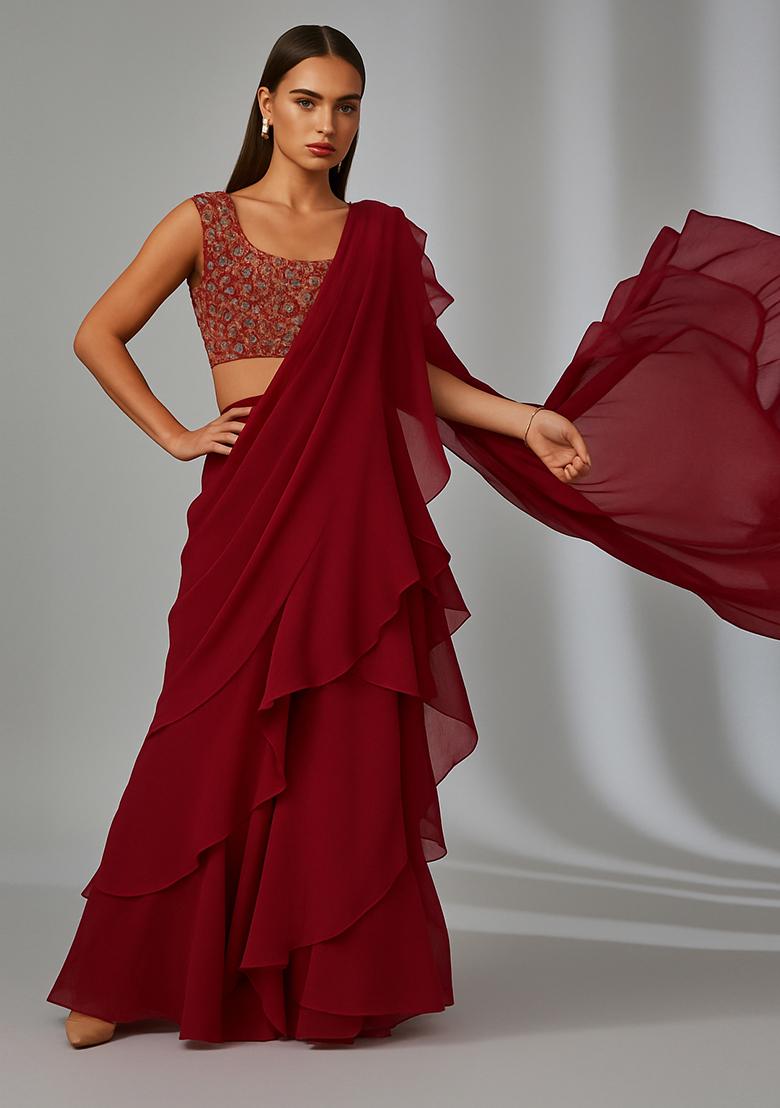 Classic Red Sequin Embroidered Blouse Georgette Pre Draped Saree Set - Indya
