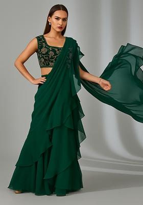 Dark Green Sequin Embroidered Blouse Georgette Pre Draped Saree Set