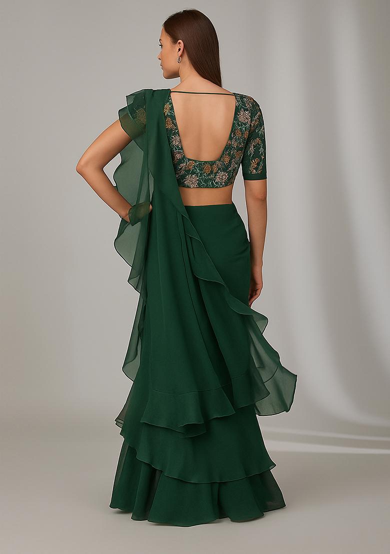 Dark Green Sequin Embroidered Blouse Georgette Pre Draped Saree Set - Indya