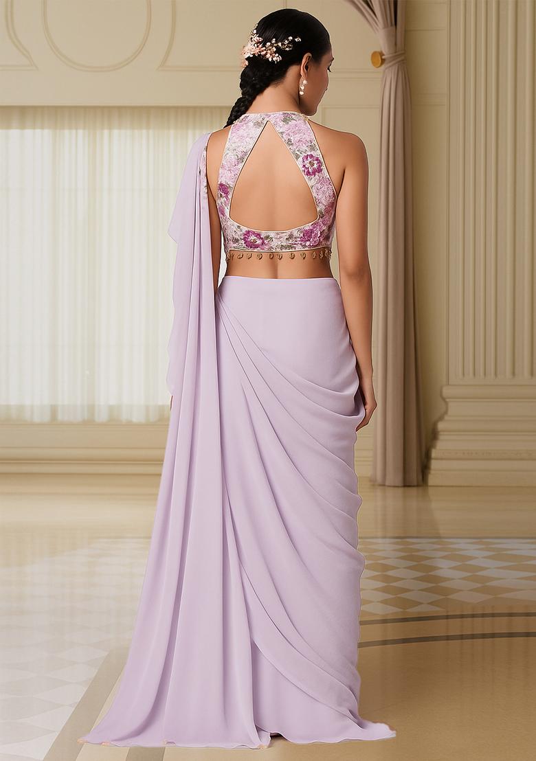 Lilac Sequin Embroidered Blouse Georgette Pre Draped Saree Set - Indya