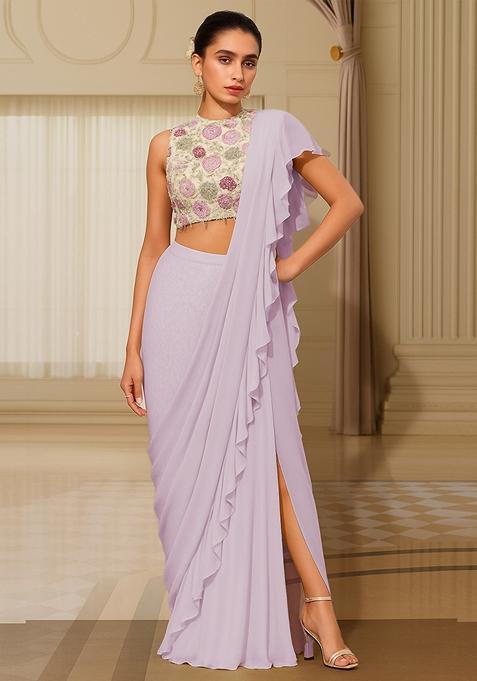 Lilac Sequin Embroidered Blouse Georgette Pre Draped Saree Set