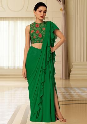 Dark Green Sequin Embroidered Blouse Georgette Pre Draped Saree Set