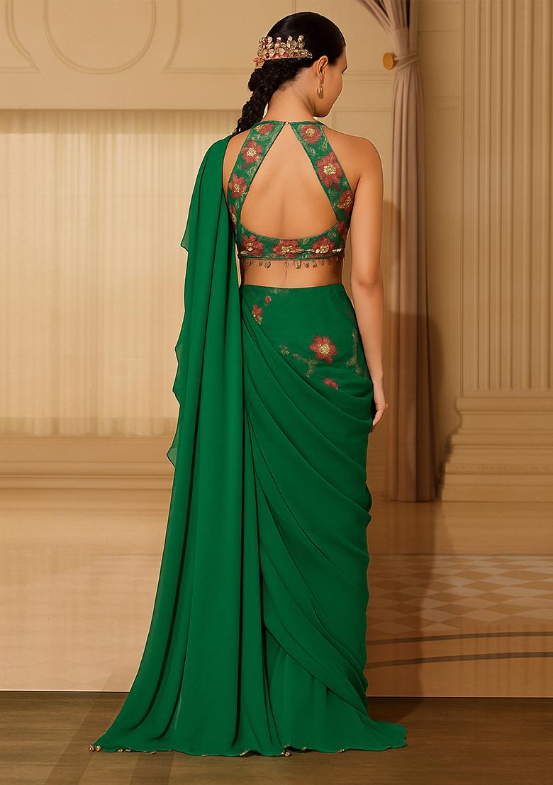 Dark Green Sequin Embroidered Blouse Georgette Pre Draped Saree Set - Indya