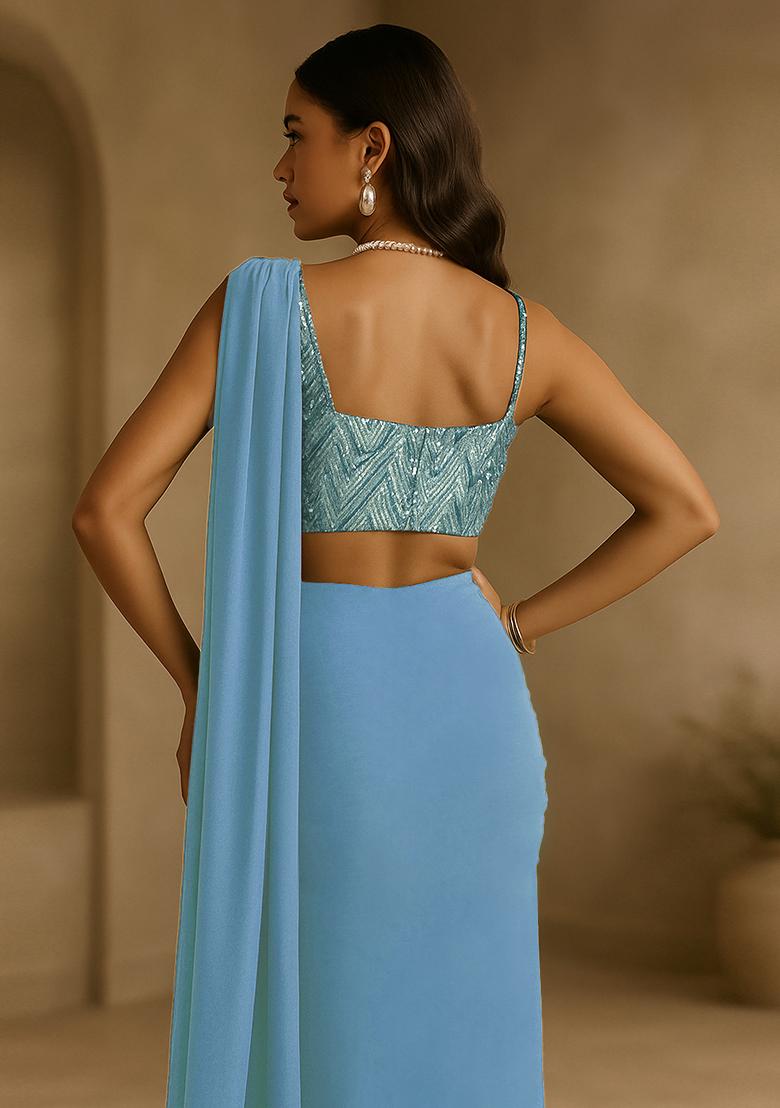 Blue Sequin Embellished Georgette Pre Draped Saree Set - Indya