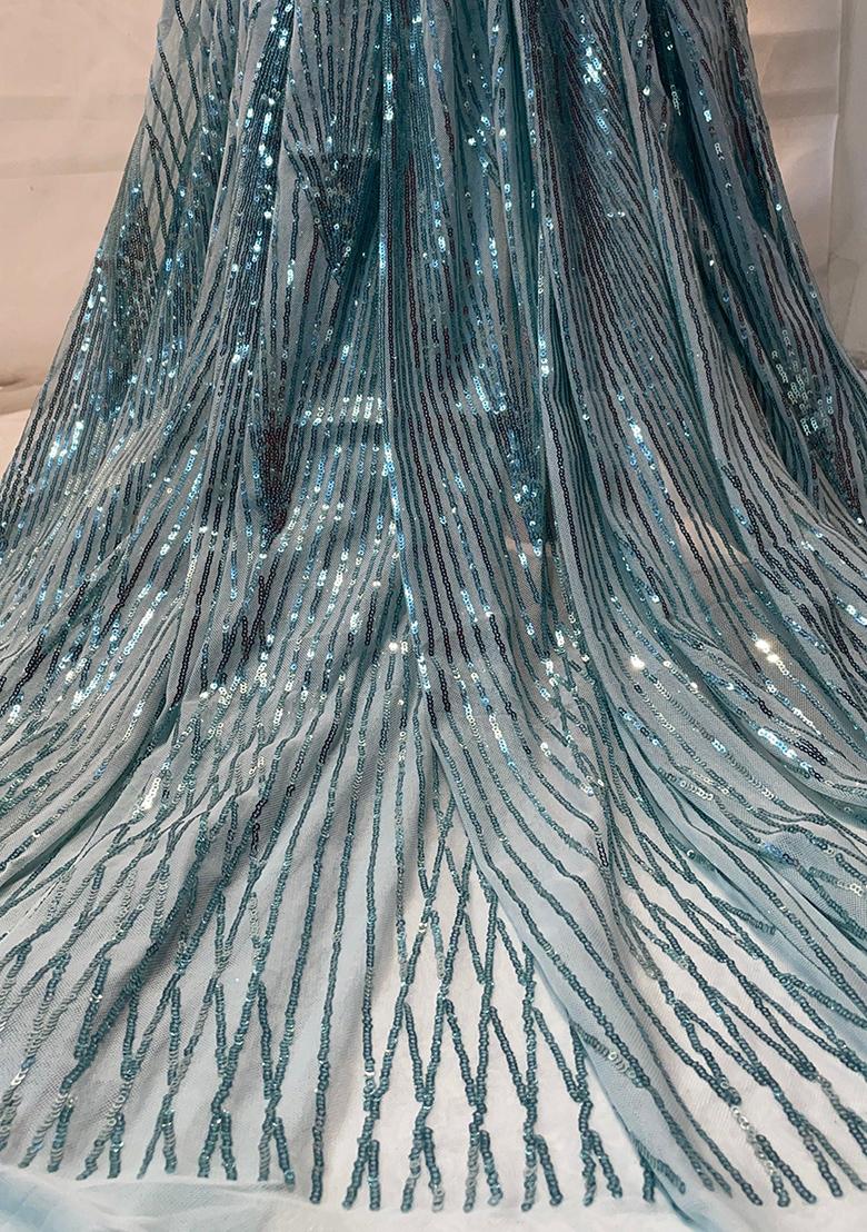 Blue Sequin Embellished Georgette Pre Draped Saree Set - Indya