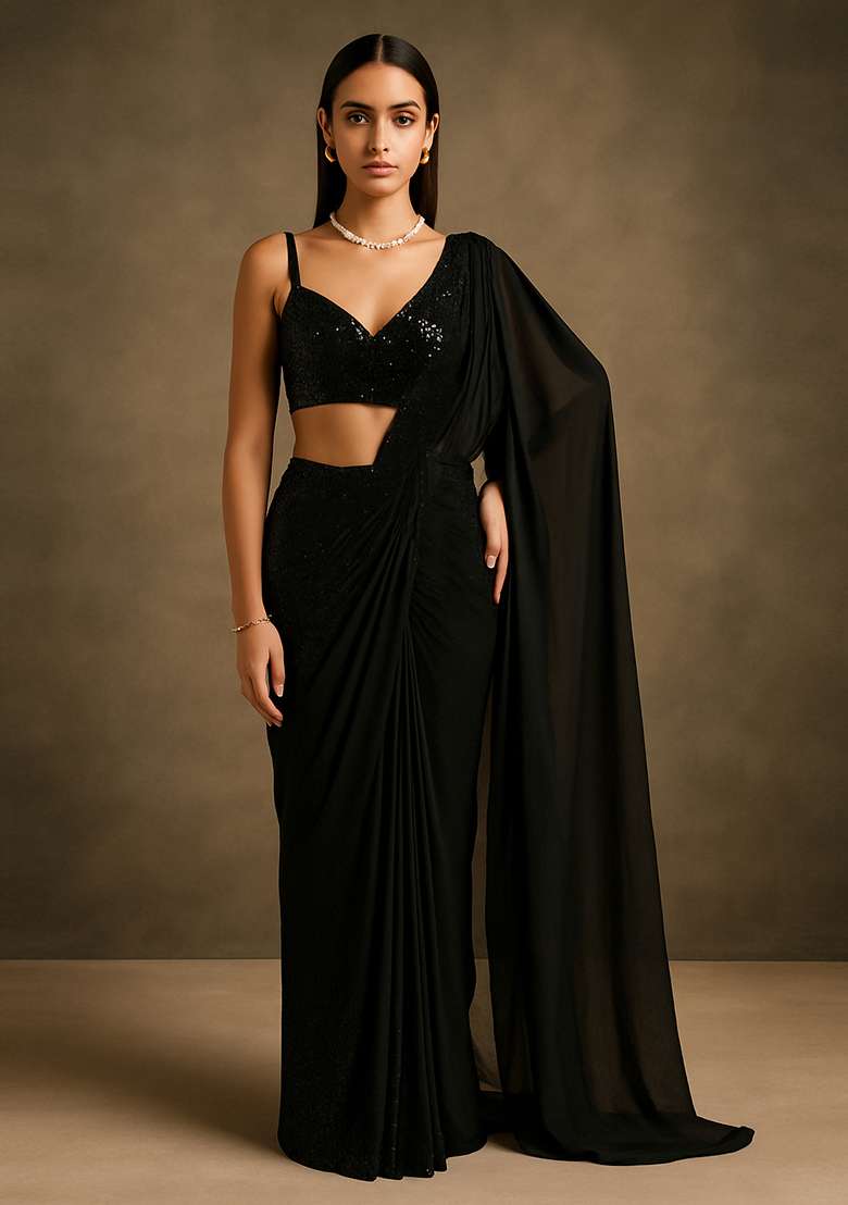Black Sequin Embellished Georgette Pre Draped Saree Set - Indya