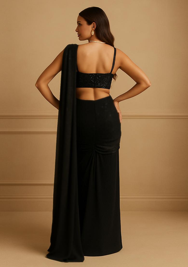 Black Sequin Embellished Georgette Pre Draped Saree Set - Indya