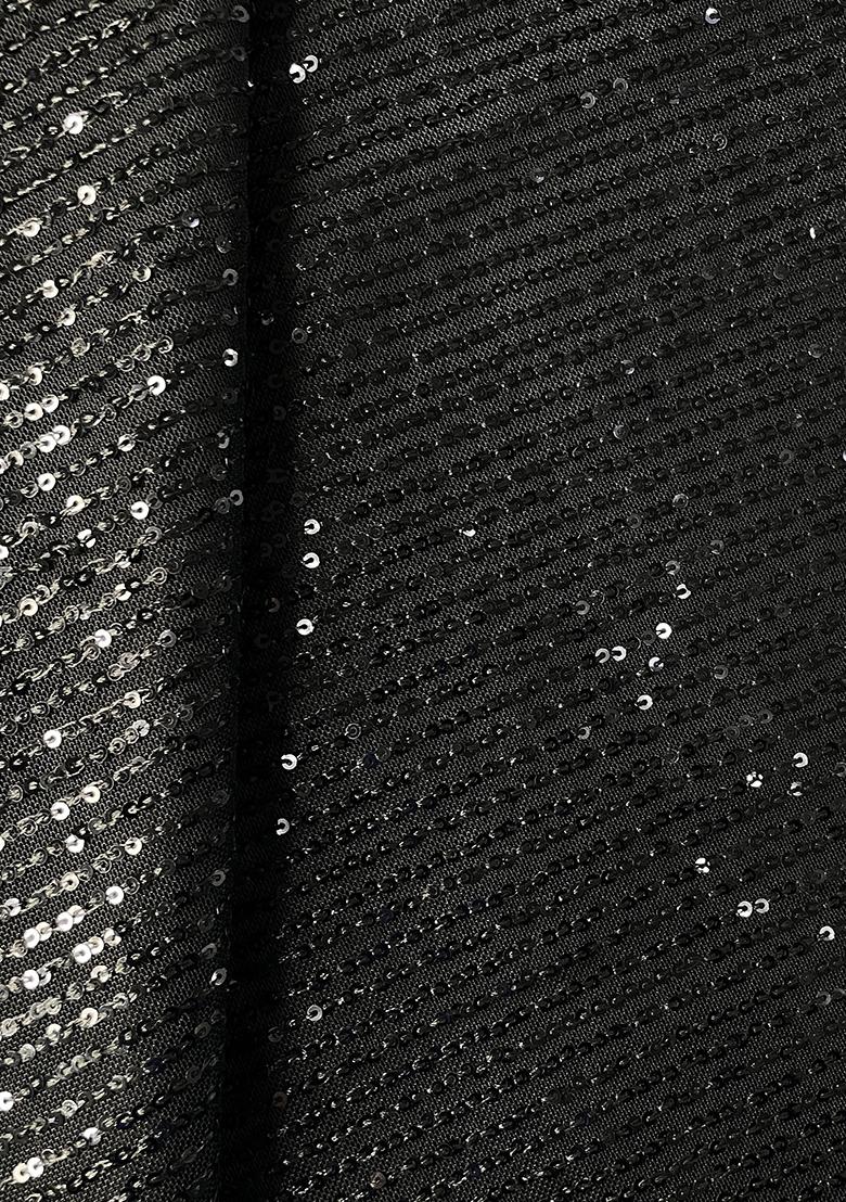 Black Sequin Embellished Georgette Pre Draped Saree Set - Indya