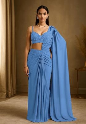 Blue Sequin Embellished Georgette Pre Draped Saree Set