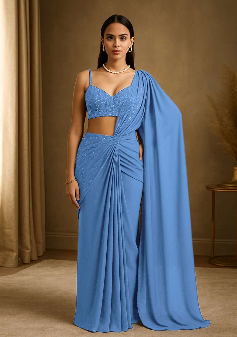 Blue Sequin Embellished Georgette Pre Draped Saree Set - Indya