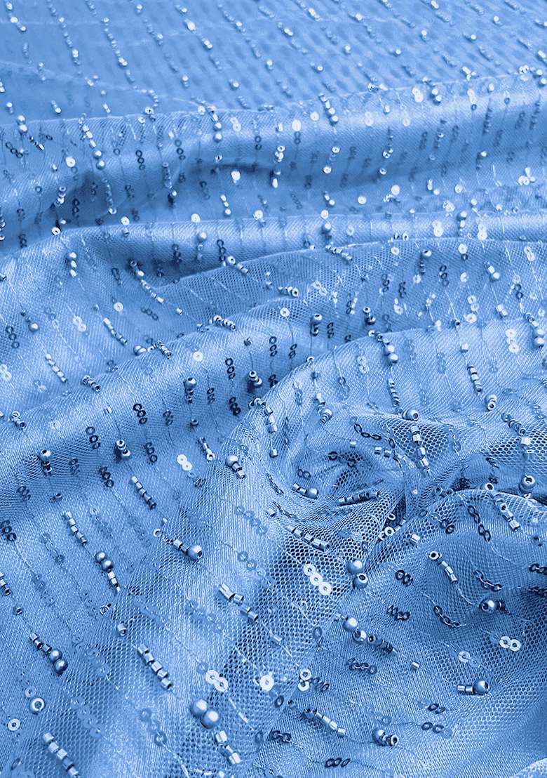 Blue Sequin Embellished Georgette Pre Draped Saree Set - Indya