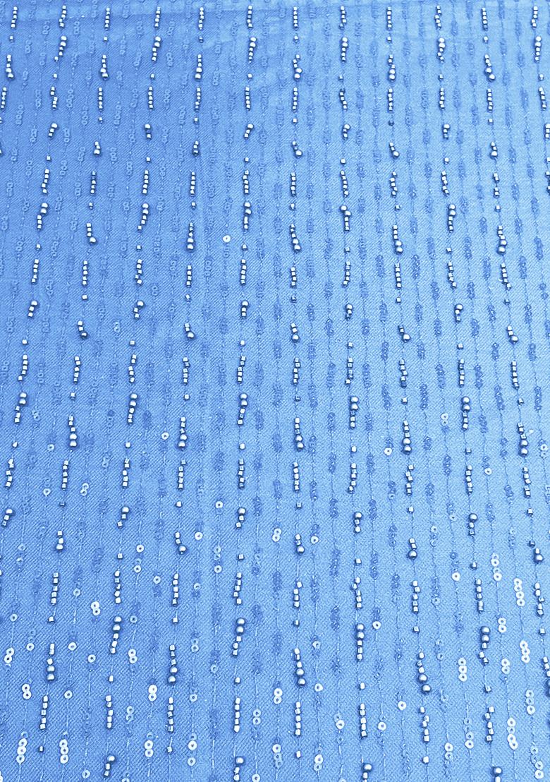 Blue Sequin Embellished Georgette Pre Draped Saree Set - Indya