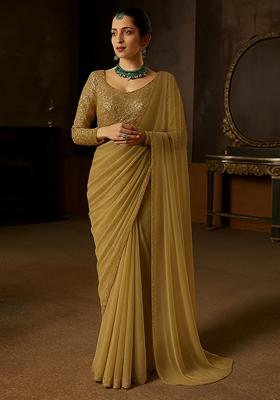 Gold Embellished Georgette Pre Draped Saree Set
