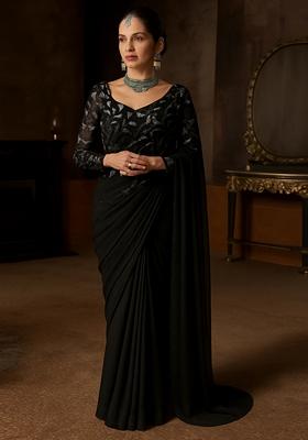 Black Embellished Georgette Pre Draped Saree Set