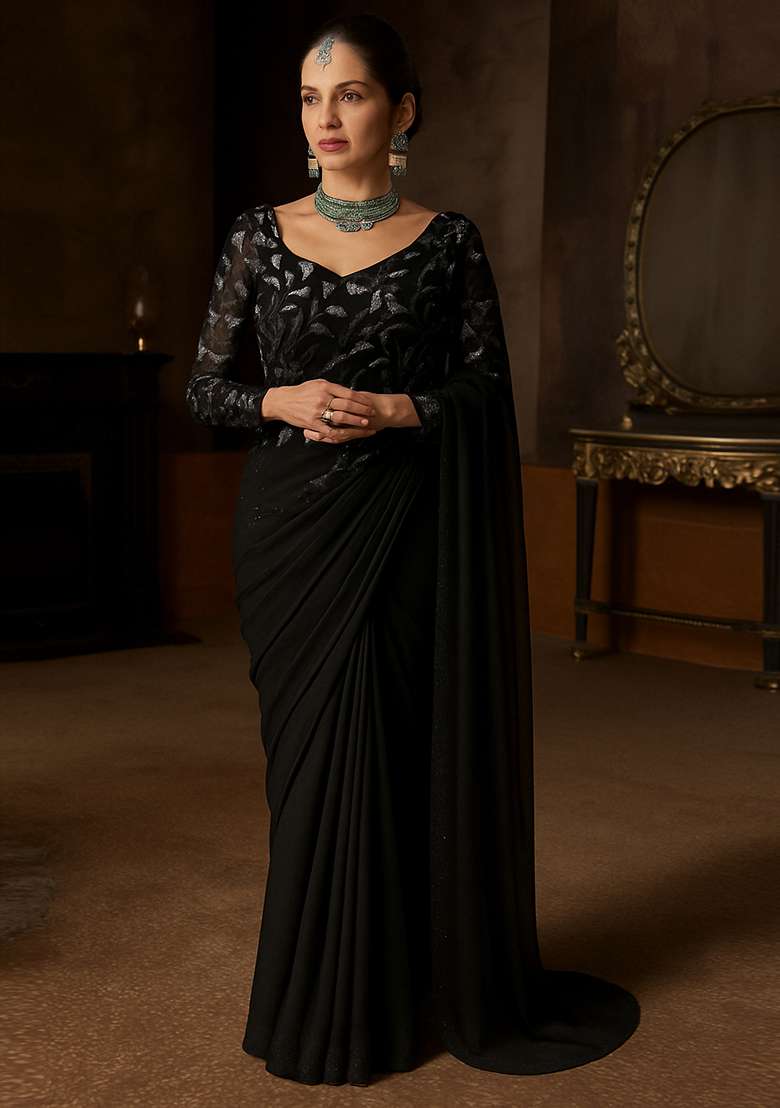 Black Embellished Georgette Pre Draped Saree Set - Indya